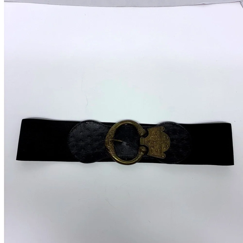 Lake Shore Drive Belt Womens ML Black Elastic Ostrich Print Ornate Brass Buckle